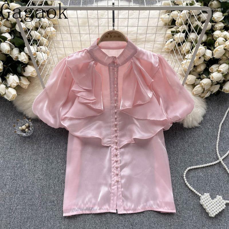 

Women's Blouses Gagaok Women Summer Solid Bubble Sleeve Fashionable Top Ruffles Sweet Single Breasted Slim Chiffon Blouse, Orange