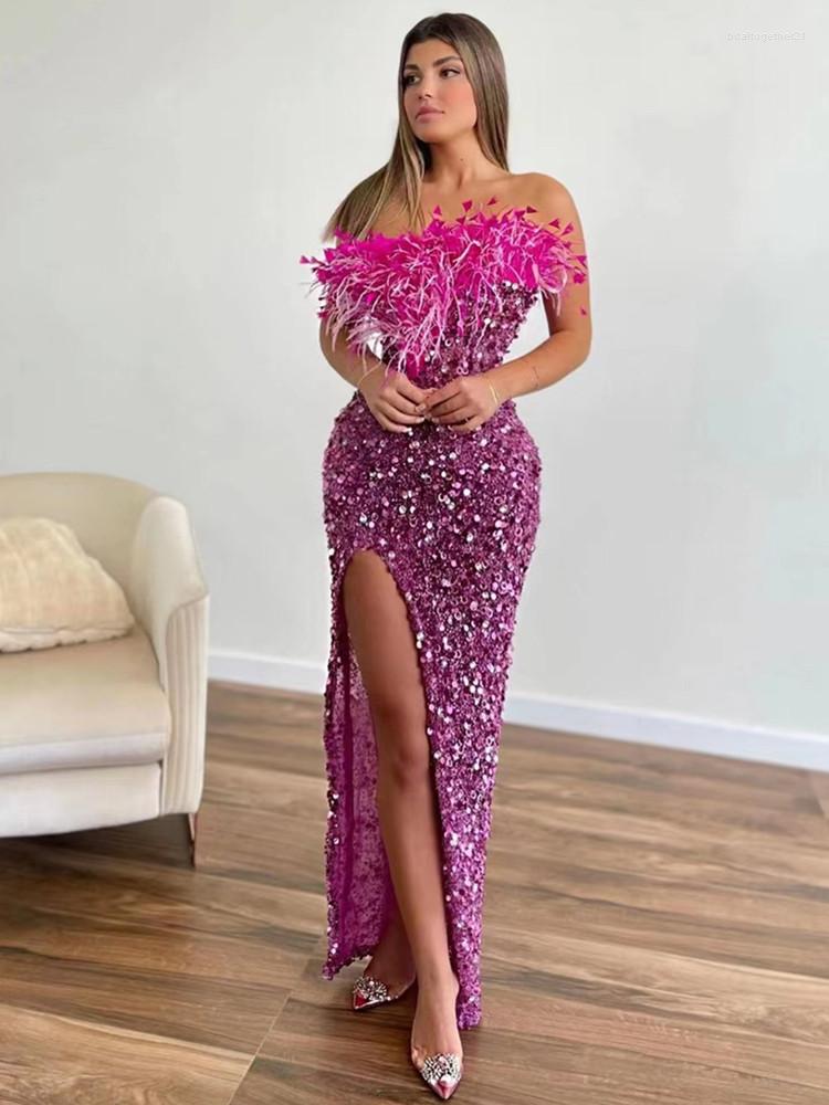 

Casual Dresses Women Summer Sexy Strapless Backless Feather Glitter Sequins Pink Maxi Long Bodycon Dress 2023 Elegant Evening Party Club, Fuchsia