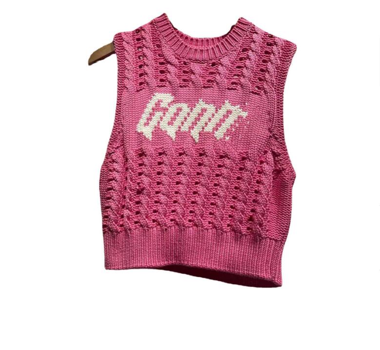 GANNI2023 Vest Summer Tank Pink Round Neck Letter Jacquard Hollow out Sleeveless Tank Top-image-874400504