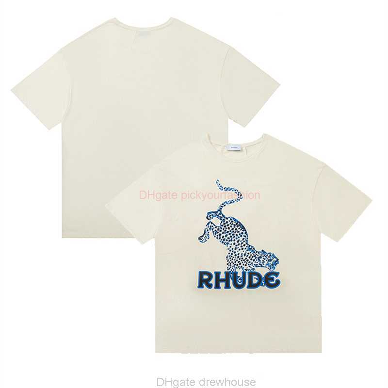 

Designer Fashion Clothing Tees Tshirt Rhude 22ss Summer New Spotted Leopard Letter Print Street Vintage Fashion Brand Short Sleeve Tshirt Cotton Streetwear Tops Ca, Apricot