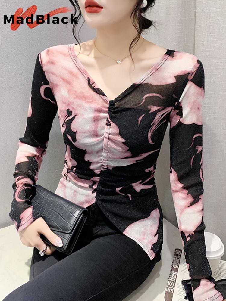 

Women' T Shirts MadBlack Spring Summer European Clothes V Necks Tshirts Female Sexy Printed Drawstring Slim Thin Tops Short Sleeve T34330C, Black t-shirt