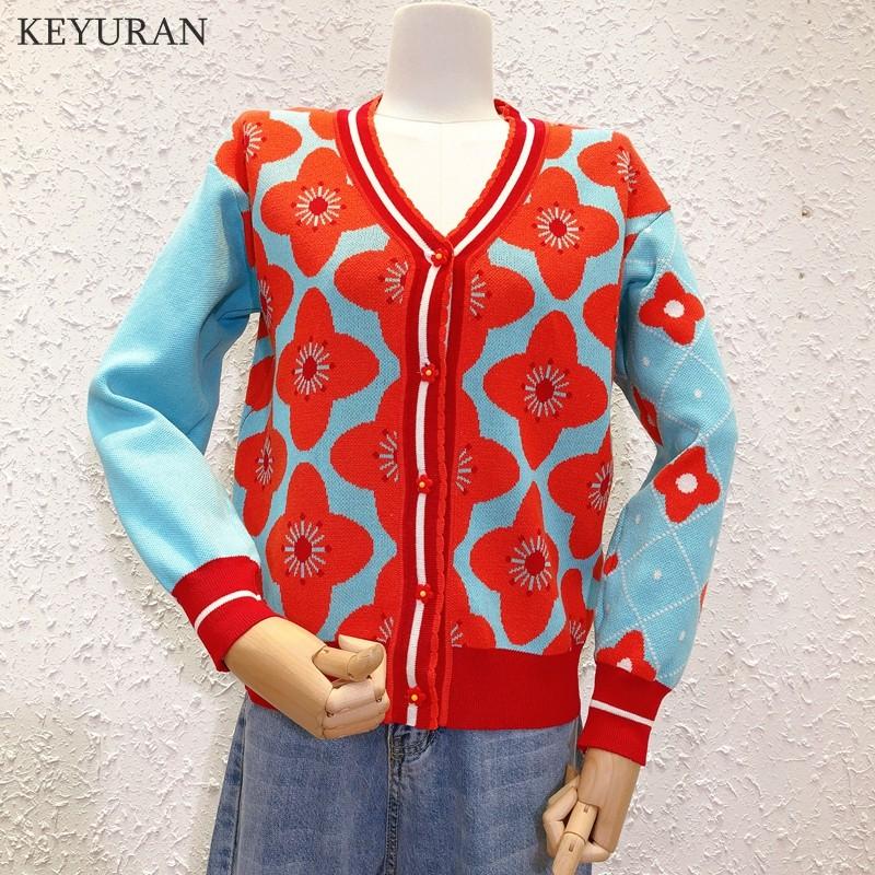 

Women's Knits Vintage Flower Jacquard Knitted Cardigan Sweater For Women 2023 Spring Autumn Cropped Coat Causel Loose Knitwear Tops, Orange