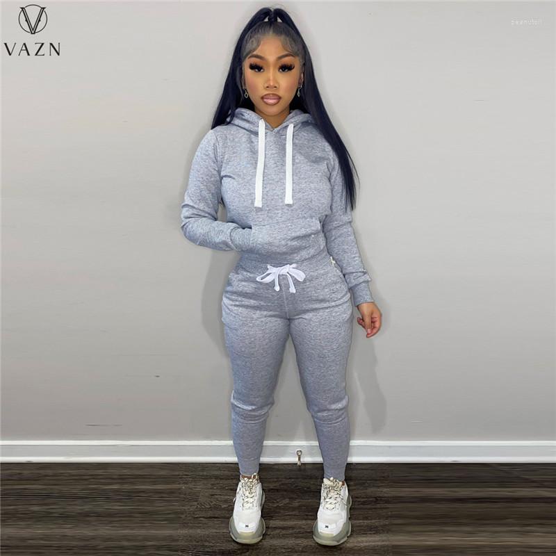 

Women' Two Piece Pants VAZN 2023 Long Sleeve Hooded Neck Top Elastic Sets Women Casual Street Style Suit, Black