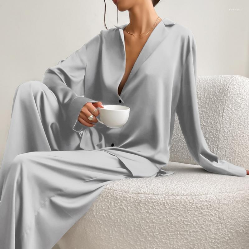 

Women' Sleepwear Sexy Low Cut Fashion Pajamas Set For Women Loose Casual Long Sleeve Trouser Suits Solid Satin Silk Female Home Fitted Tops, Purple
