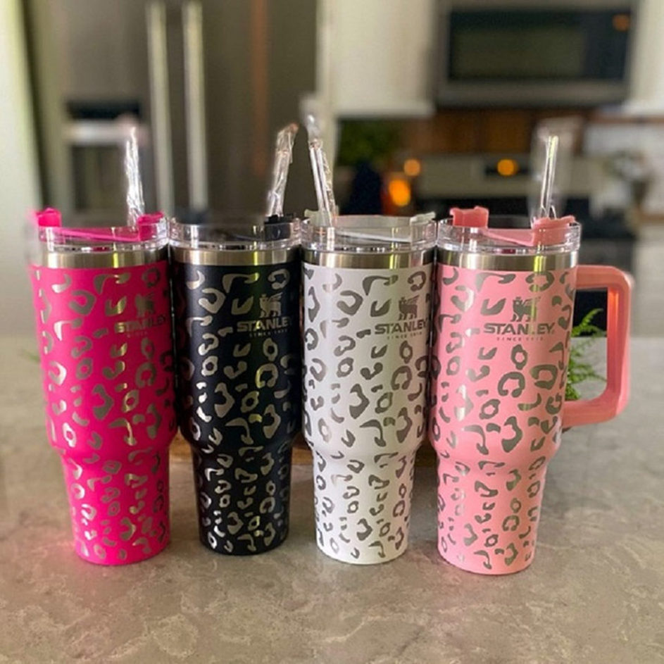 

DHL Ship stanley quencher 40oz cheetah tumbler Leopard Print stainless steel with Logo handle lid straw mug water bottle powder coating outdoor camping cup, Multi-color