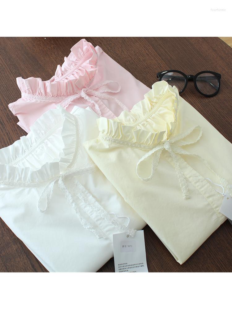 

Women's Blouses Lamtrip Unique Ruffled Collar Cotton Solid Color Sash Bow Women Vintage Single Breasted Shirt Blouse 2023, White
