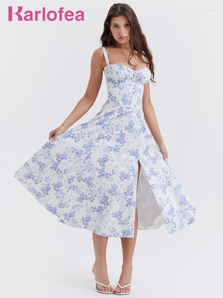 

Casual Dresses Karlofea Women Sweet Midi Dress 2023 Beach Vacation Party Rave Outfits Chic Back Lace Up Summer Floral Print Sundress, Blue