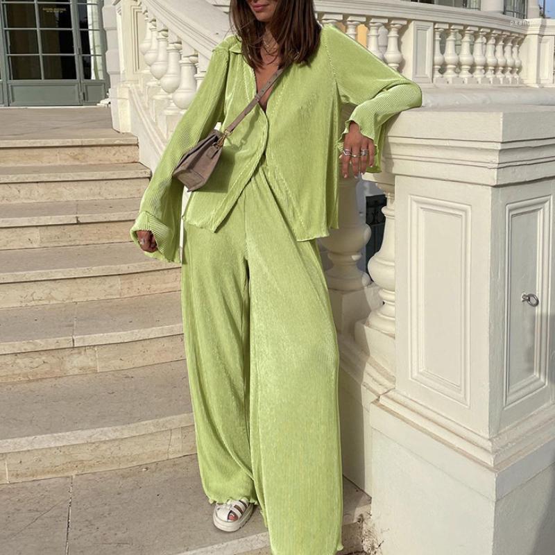 

Women' Two Piece Pants Candy Color Casual Pant Sets Women Elegant Spring Long Sleeve Blouses Shirt Wide Trousers Suit Loose Set, Green