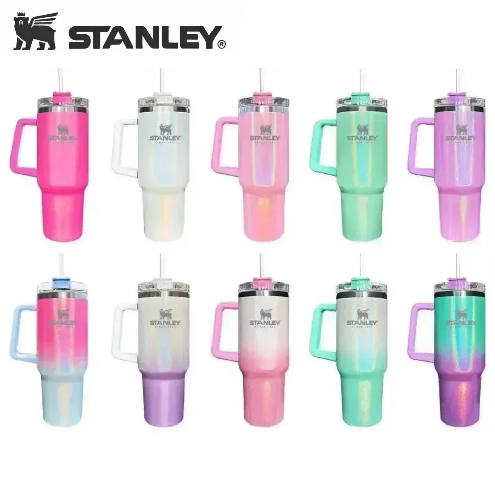 

Stanley LOGO 40oz Rainbow Stainless Steel Sublimation Tumblers Glitter 40oz Travel Car Mugs Big Capacity Water Cups With Handles and Lids, C9