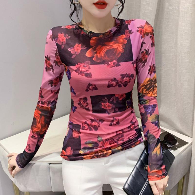 

Women' T Shirts #8126 Floral Print Mesh Shirt Women O-neck Thin Vintage Short Tshirt Long Sleeve Tight T-shirt Spring Autumn, Red
