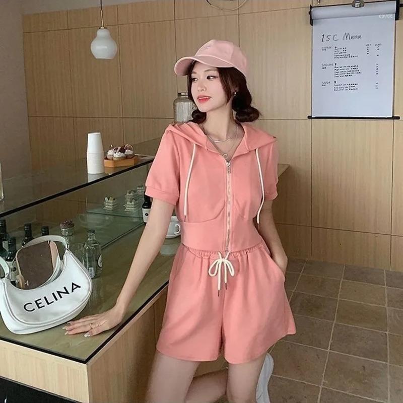 

Women's Tracksuits Women's Fashion Short-Sleeved Sports Suit 2023Summer Hooded Zipper Cardigan Crop Tops And Shorts 2 Two Pieces Set For, Black suit