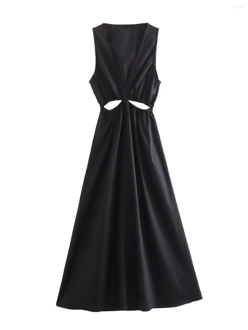 

Casual Dresses XNWMNZ Women's Fashion Gabardine Cut-out Midi Dress Party Style V-neck Sleeveless Waist Elastic Opening Female Chic, Black