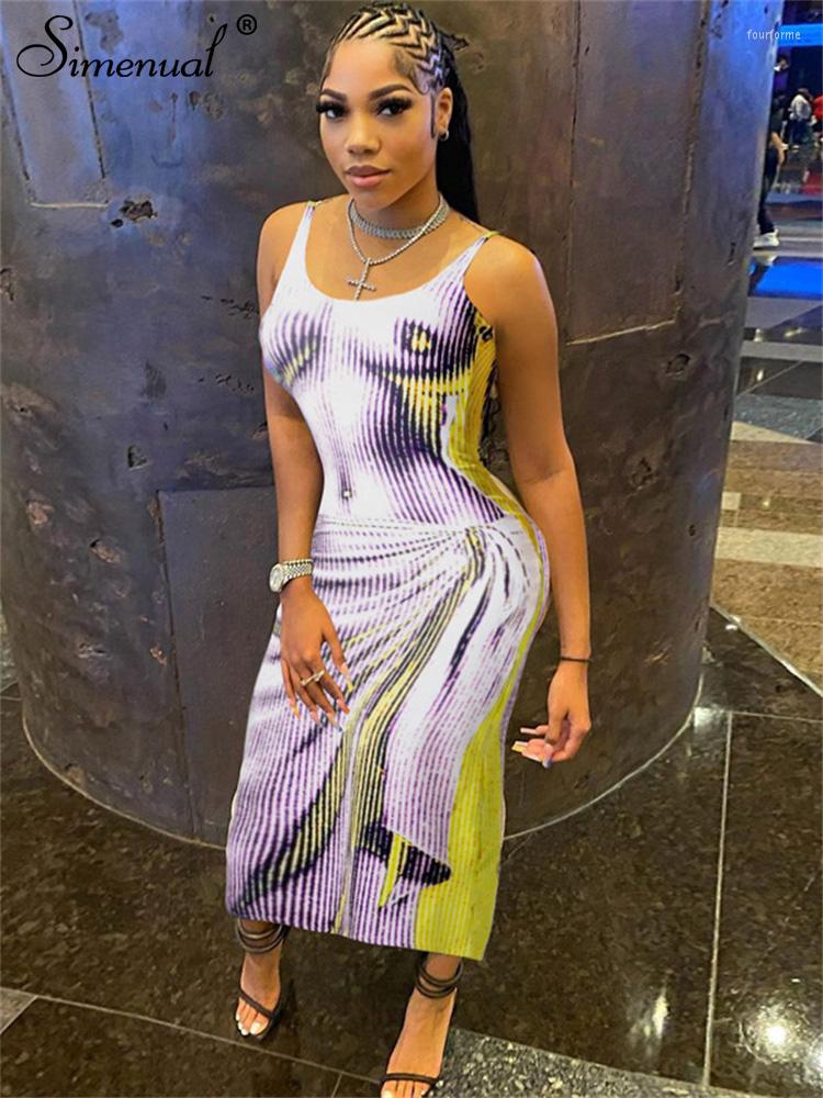 

Casual Dresses Simenual Elegant Spaghetti Straps Print Long Dress Women Sexy Backless Party Beach Bodycon Fairy Y2K Clubwear 2023, Purple