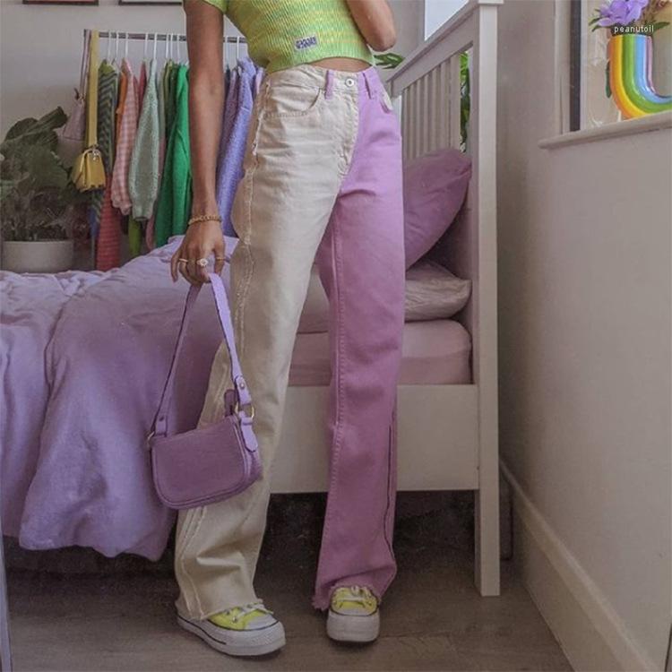

Women's Jeans Street Fashion Women's Pants Spring Solid Simple Splice Basic Casual Loose High Waist Straight Leg Pink White