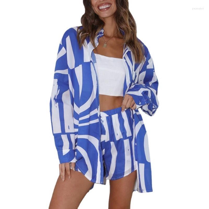 

Women' Tracksuits Casual Women' Shorts Set Long Sleeve Shirt Pants Elegant Africa 2 Piece Suit Summer 2023 Blue Print Button Lapel