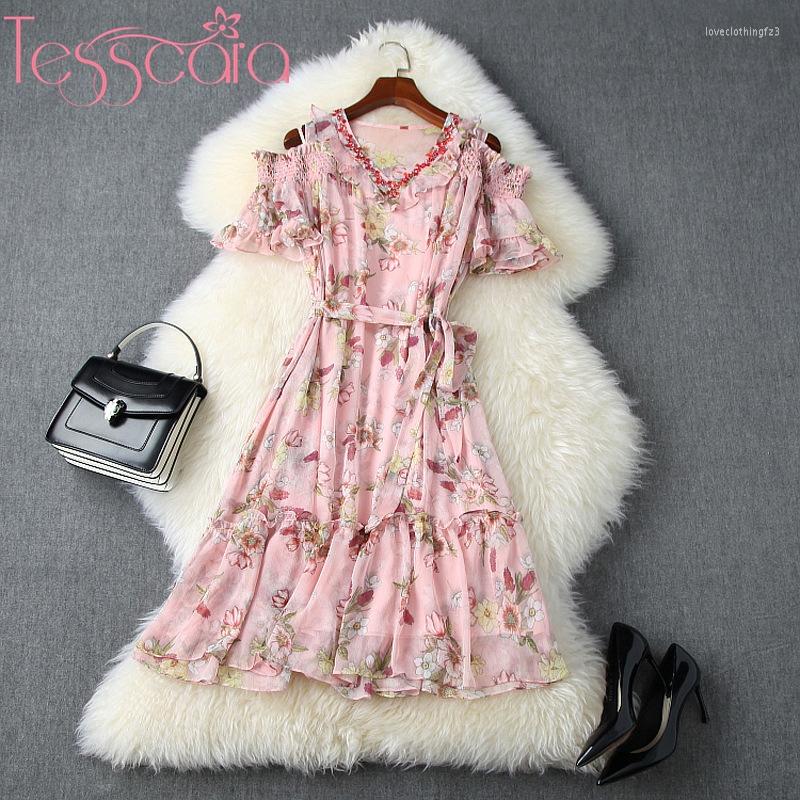 

Party Dresses TESSCARA Women Runway Designer Elegant Beading V-neck Dress Festa High Quality Floral Cocktail Robe Femme Chiffon Vestidos, Pink