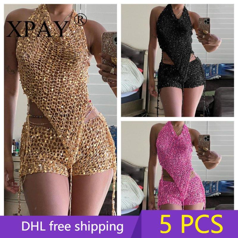 

Women' Tracksuits 5PCS Wholesale Items Bulk Sexy Hollow Out Knitted Hooded Top Shorts Suit 2 Piece Set Outfits For Women 2023 Summer Y2k, Black