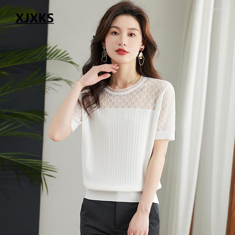 

Women's T Shirts XJXKS 2023 Summer Round Neck Short-sleeved Women's Tops Fashion Hollow Pure Color All-match High-end Linen Knit T-shirt, White