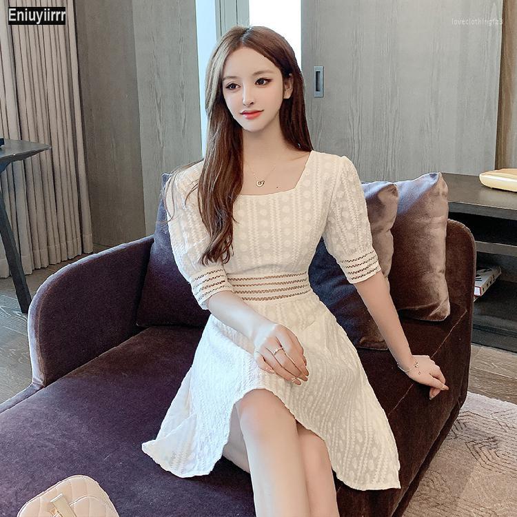 

Party Dresses Women Summer Flower Slim Waist A Line White Lace Cute Dress Hollow Out Vestidos