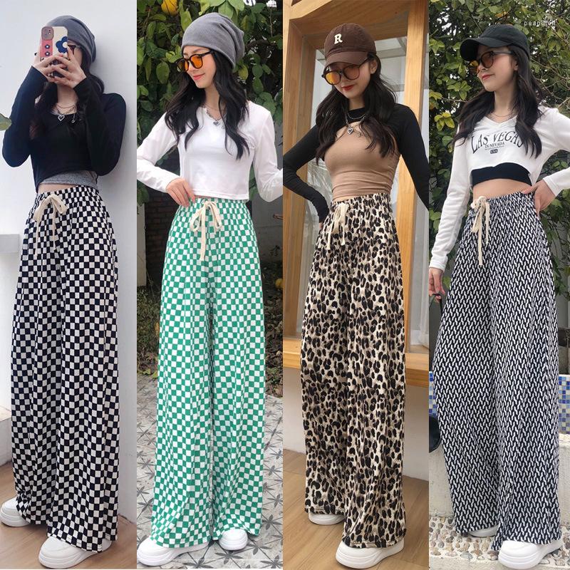 

Women's Pants 2023 Summer Checkerboard Plaid Wide Legged Women's Spring Vintage High Waist Loose Lace Up Casual Trousers Female, Leopard