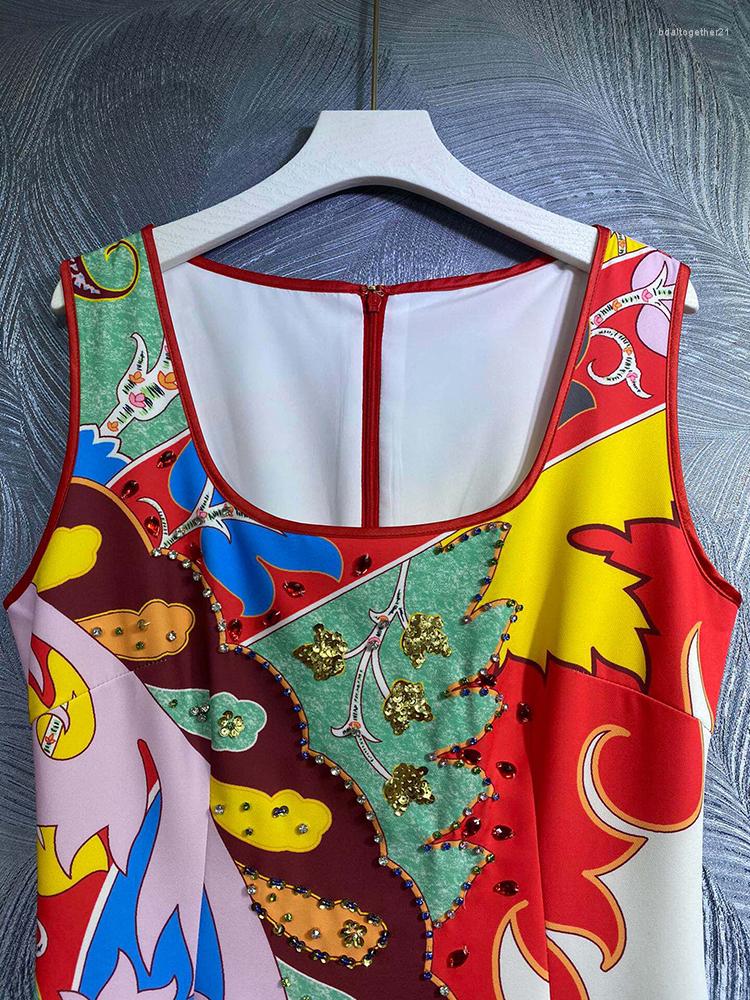 

Casual Dresses Crystal Sequined Multicolor Print Elegant Summer Square Neck Sleeveless Tank Lady Long Dress, Multi