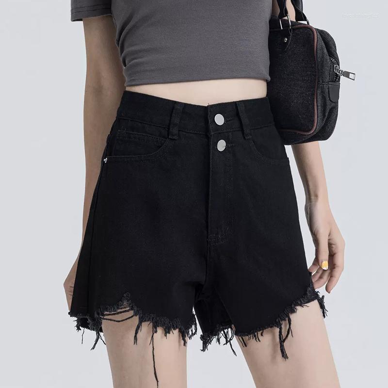 

Women's Shorts Holes Tassels Black Denim Women Summer High Waist 2023 Double Buttons Loose Wide Leg Short De Mujer
