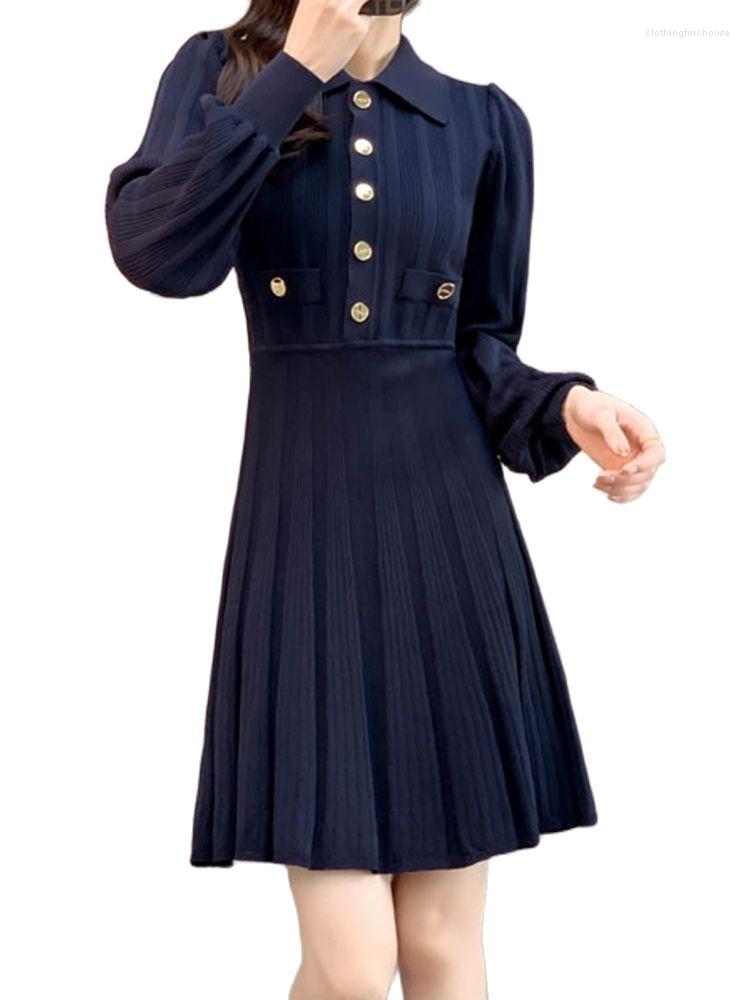 

Casual Dresses Leisure Lapel Knit Skirt Waist Thin Long Sleeve Dress 2023 Autumn Korean Fashion Women' Clothing, Navy blue