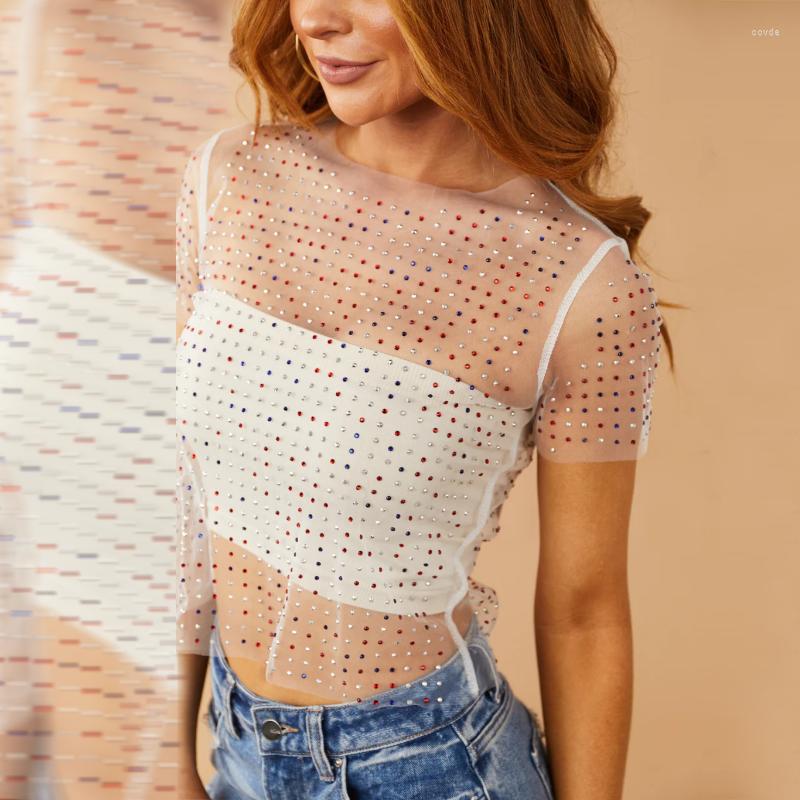 

Women' T Shirts Fashion Sexy Diamond Sheer Crop Top Shirt For Women Elegant Short Sleeve See Through Y2K T-shirt Streetwear Night Clubwear, Black
