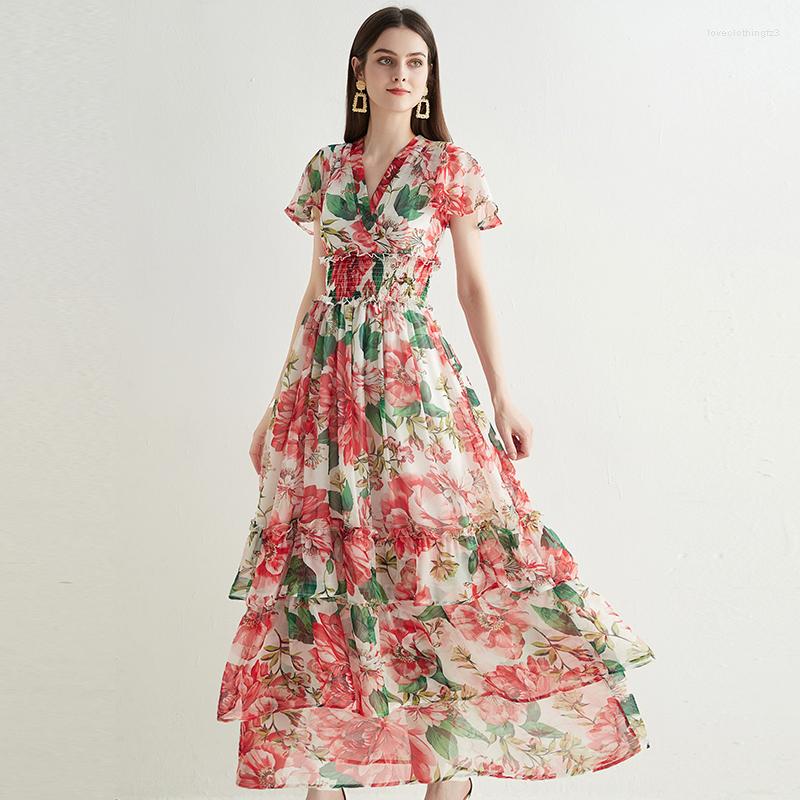 

Party Dresses Summer Runway Floral Maxi Dress Women Bohemia Flower Print V-Neck Butterfly Sleeve Elastic Waist Cascading Ruffles Long, Photo color