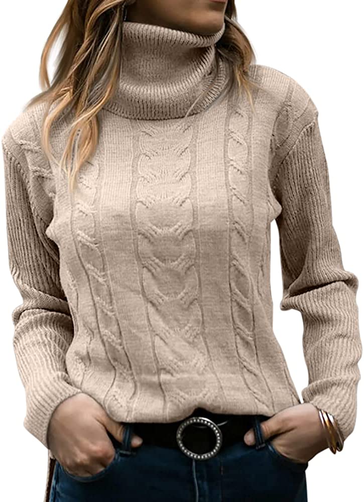 

Womens Turtleneck Long Sleeve Cable Knit Sweaters, Beige