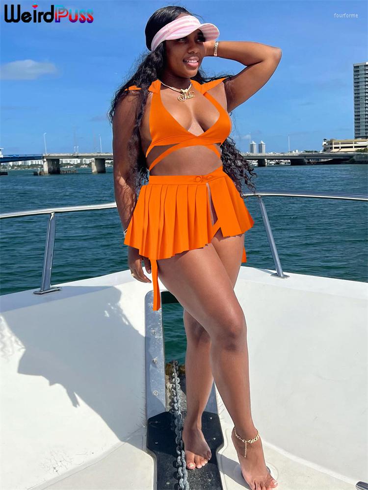 

Women' Swimwear Weird Puss Bikini 2023 Women 3Piece Set Backless Halter Bra Briefs Buttons Waist Pleated Skirt Sexy Summer Beach Party, Black