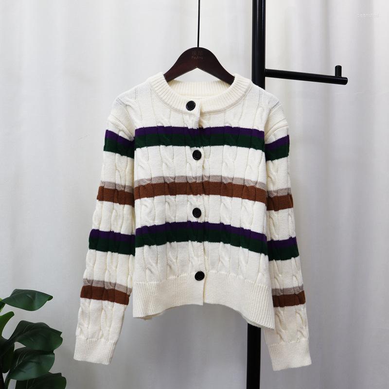

Women's Sweaters Vintage Striped Knitting Women Cardigans Sweater Full Sleeves Buttons Loose Casual Lady Coat Jumpers Clothes, Creamy-white
