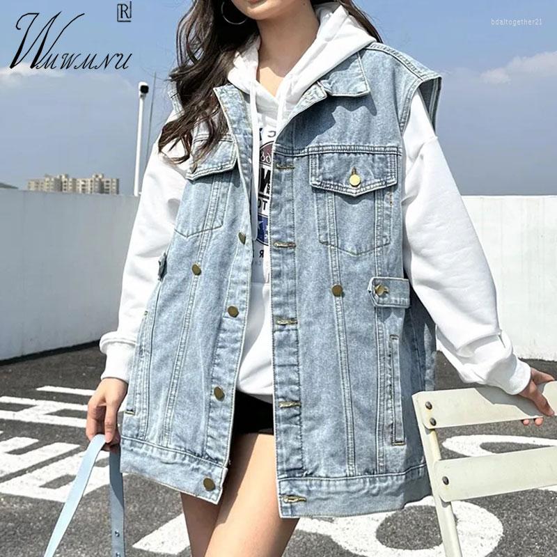 

Women's Vests Casual Loose Denim Vest Women Streetwear Blue Black Boyfriend Sleeveless Jackets 2023 Spring Summer Lapel Jean Chalecos Mujer