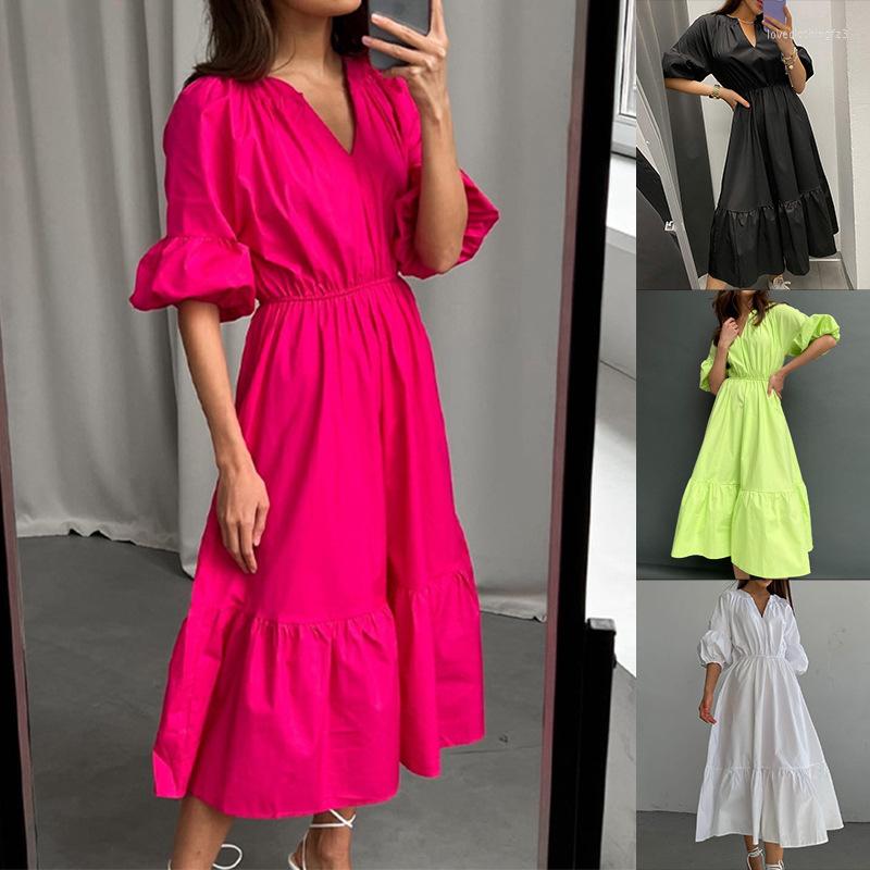 

Party Dresses Spring/Summer 2023 Fashion Women' Dress Temperament Commuter Solid V-Neck Pleated Panel Swing Maxi Vestidos, Black