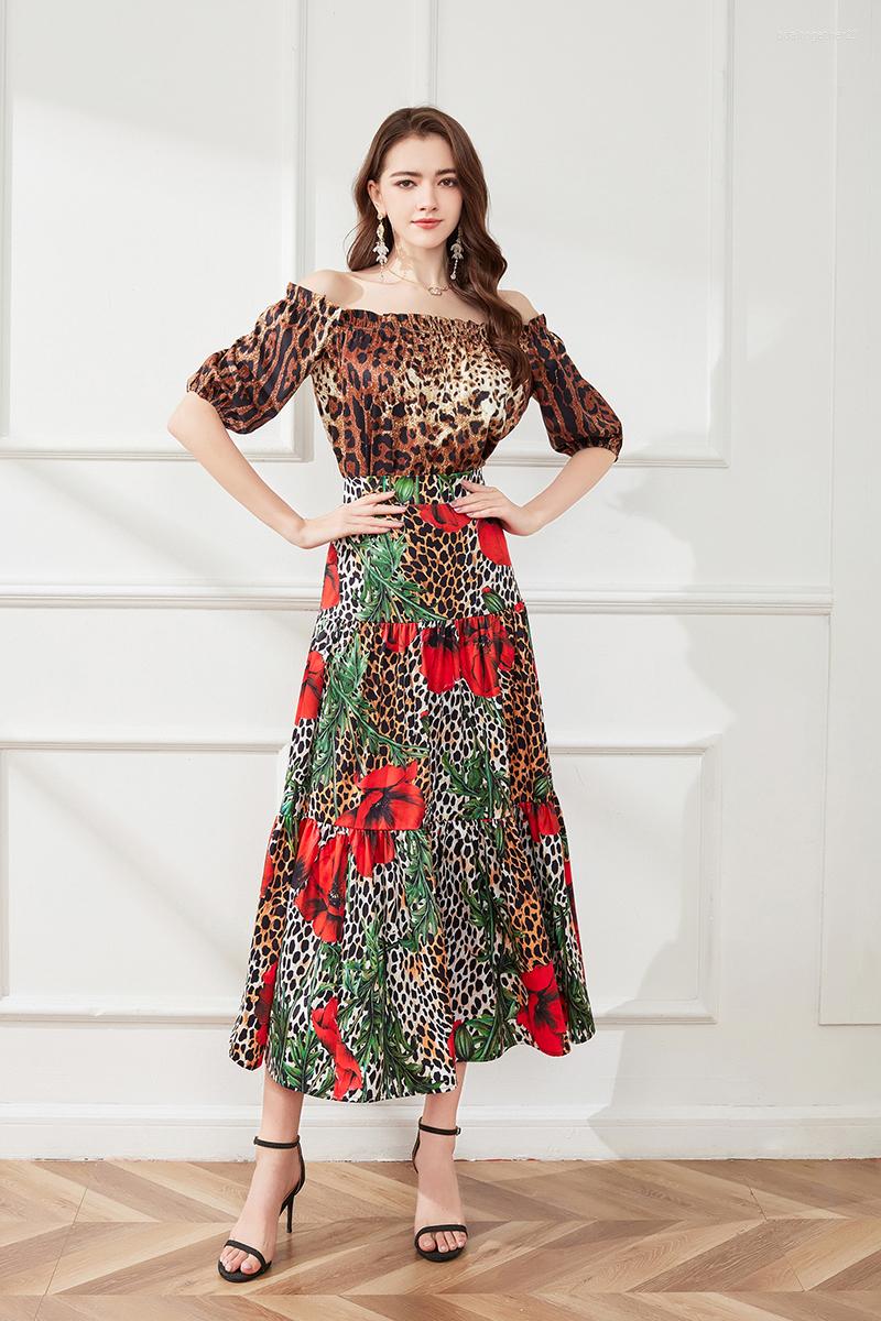 

Work Dresses Runway Summer Maxi Skirt Top Suit Two Pieces Womens Outfits Fashion Off Shoulder Leopard Print Holiday Beach Set N507, Brown