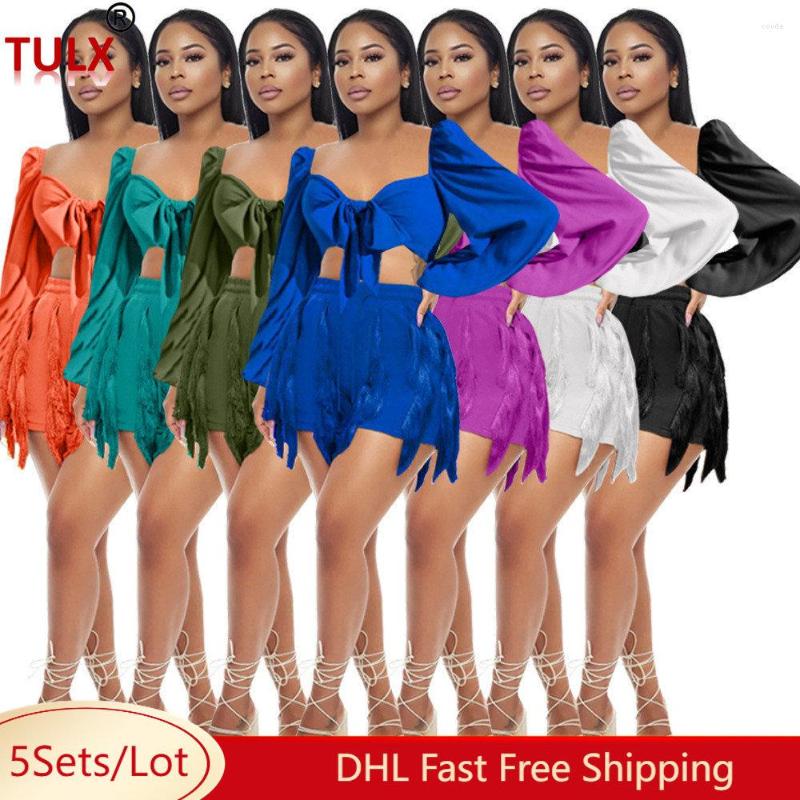 

Women' Tracksuits 5set Wholesale Two Piece Sets Long Sleeve Pullover Crop Top Tassels Shorts Matching Women Summer Autumn Outfits 8340, Black
