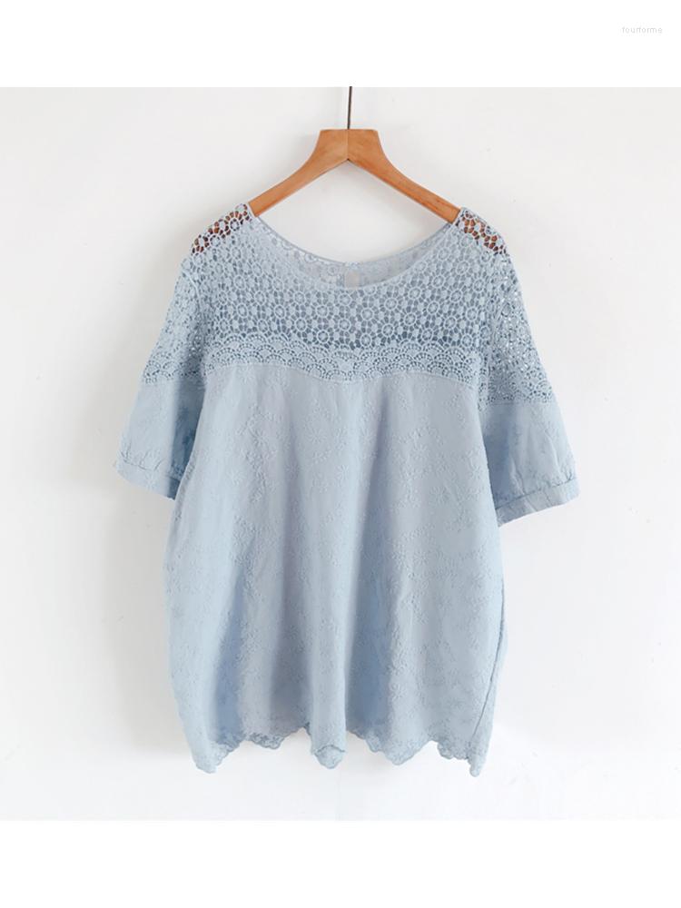 

Women's Blouses Lamtrip Unique Fish Scale Hollow Out Lace Patchwork Cotton Summer Full Embroidery Short Sleeve Shirt Tee Top, Green