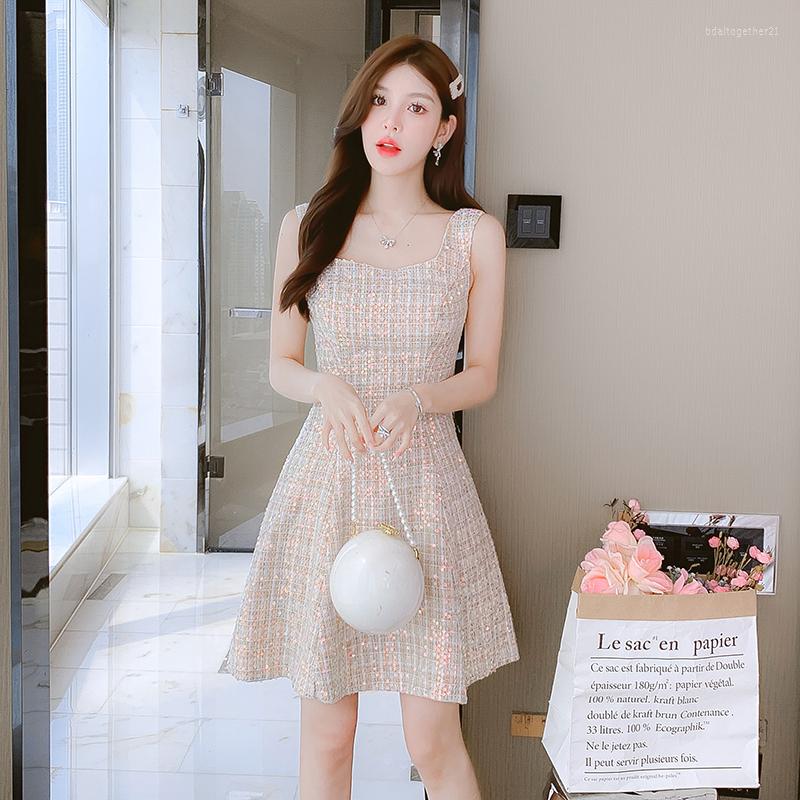 

Casual Dresses Korean Girls Sexy Club Sequin Tweed Short For Women 2023 French Vintage Small Fragrance Summer Dress Vestidos, Picture shown