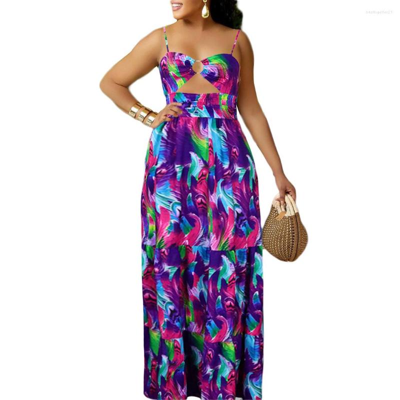 

Ethnic Clothing Purple Yellow African Dresses For Women Summer Spaghetti Strap Printing Polyester Long Dress Maxi S-3XL