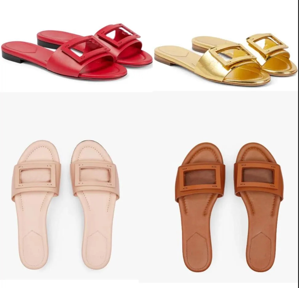 

F- Baguette Designer Sandals Shoes Wide-band Slides Flats gold Calfskin Leather Outdoor Women flats Slippers outdoor beach slip on Comfort Walking EU35-42