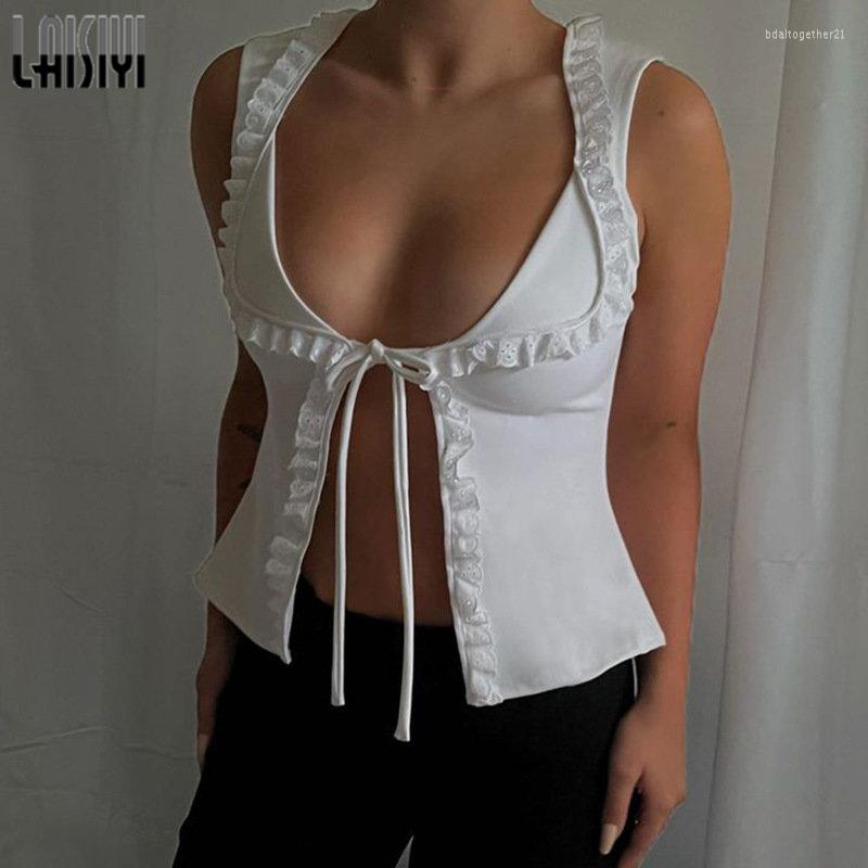 

Women' Tanks LAISIYI Tank Top Women Lace Up Sleeveless Vest Y2K Streetwear Tie Front White Club Party Sexy Crop Tops Summer Clothes For