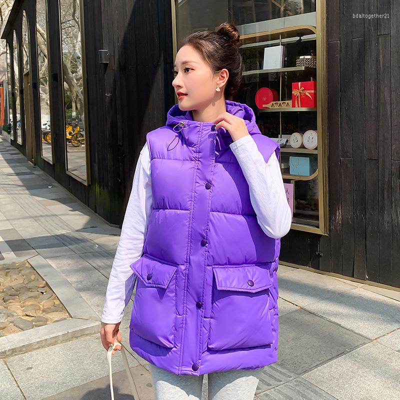 

Women's Vests 2023 Autumn/Winter Simple Warm Hooded Down Cotton Vest Women's Short Student Loose Outerwear Tank Top Waistcoat Jacket, Black