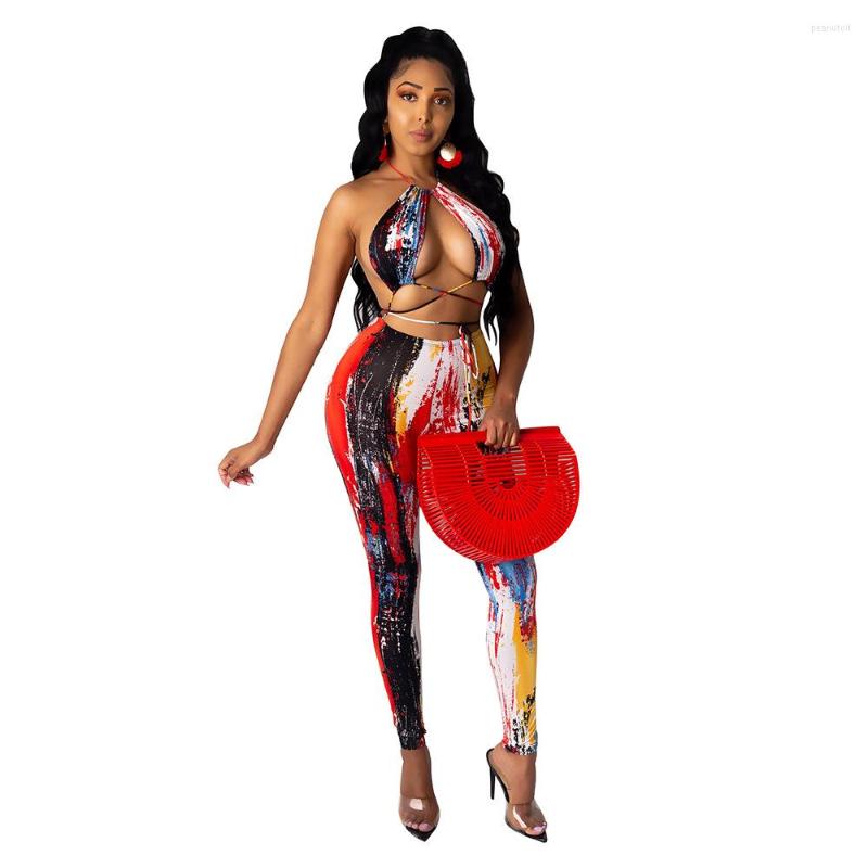 

Women's Two Piece Pants Adogirl Sexy Tie Dye Print Women Set Halter Lace Up Top And Pencil Long Matching Tracksuits Party Club Streetwear, Red