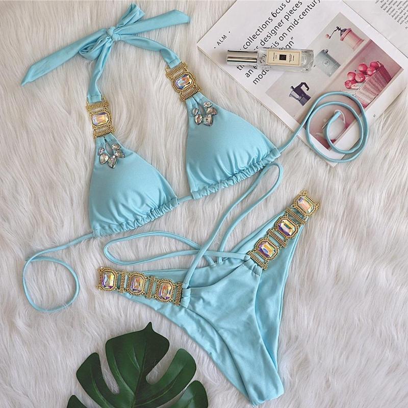 

Women' Swimwear Rhinestone Swimsuit Women Bikinis Crystal Diamond Bikini Set Metal Chain Female Luxury Aristocratic Swimming Suit, Sky blue