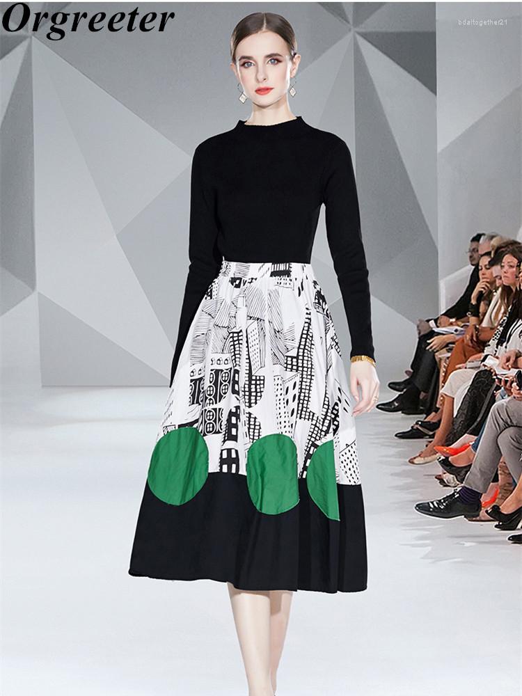 

Work Dresses Elegant Ladies Dot Print Skirt Women' Two Piece Set Casual Solid Black Knitted Blouse Tops Suits Outfits Female