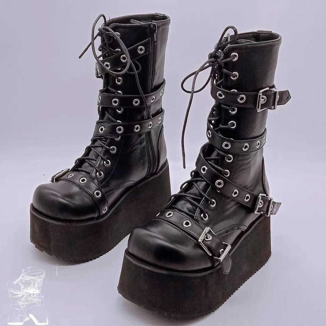 Boots Men Women's Boots Couple Goth Shoes High Flats Platform Fashion Belt Buckle Combat s Street Shooting Female Mid Calf Wedges Z0605-image-874274138