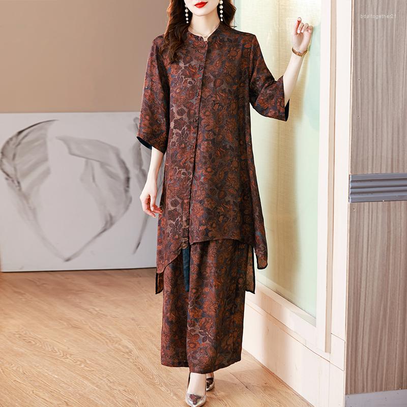 

Casual Dresses Fragrant Cloud Yarn Suit Flower Wide Leg Pants Spring And Autumn Large Size Retro National Style Loose Long Sleeve Real Silk, The picture color
