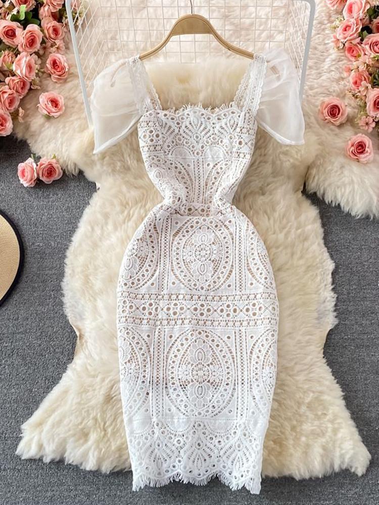 

Party Dresses Summer Runway Flower Hollow Out Lace Dress For Women' Square Collar Bubble Sleeve Elegant White Bodycon Mini Vestidos