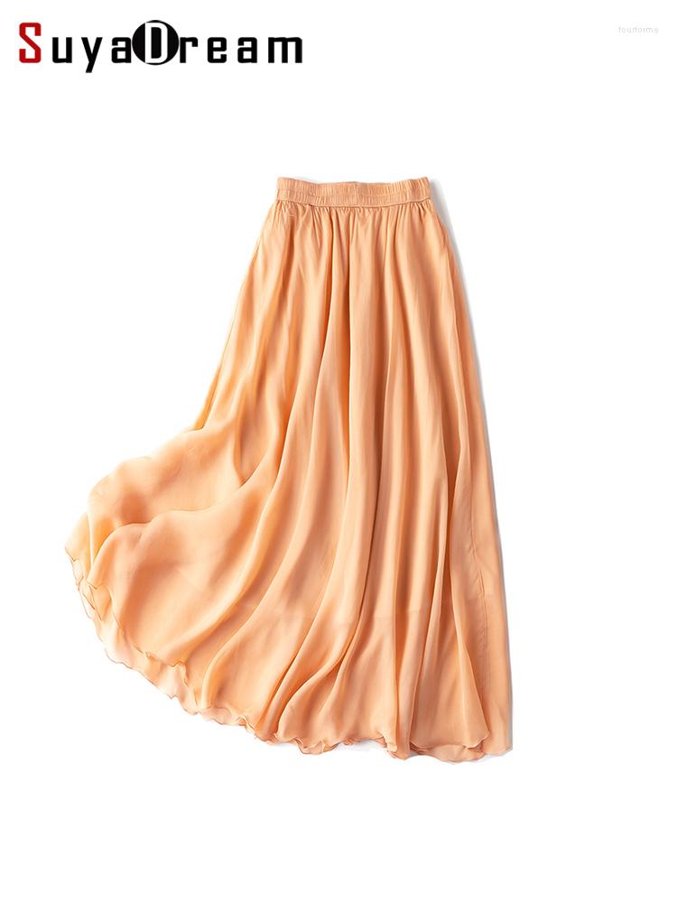 

Skirts SuyaDream Long Pleated Skirt For Woman Real Silk Two Layers Elastic Waist Chiffon 2023 Spring Summer Bottoms, Gray