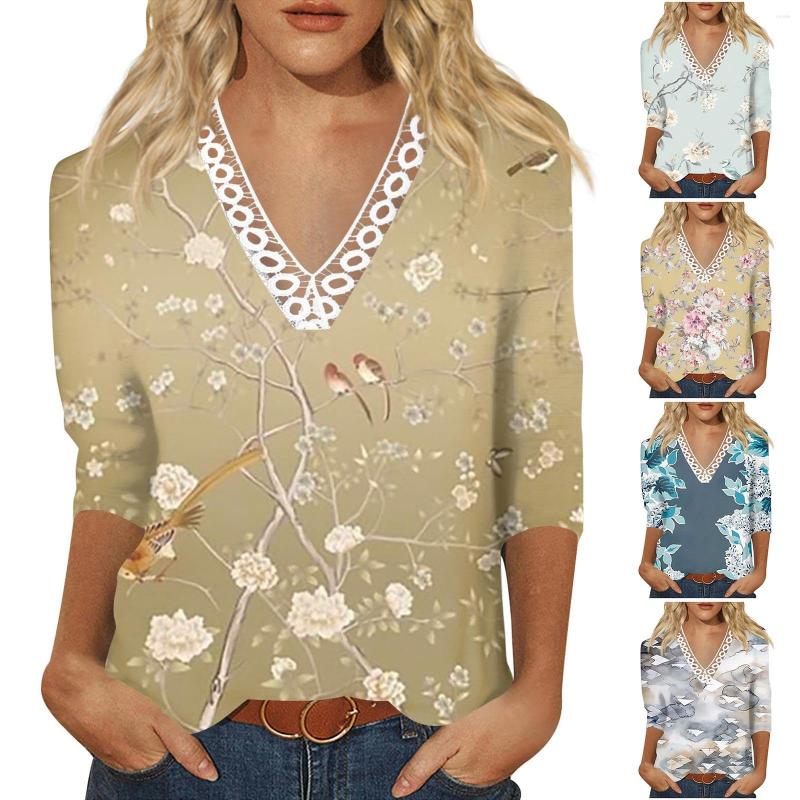 

Women's T Shirts Lace Panel Collar Tops Women's Blouses Casual Daily 3/4 Sleeve V Neck Fashion Printed, Dark blue